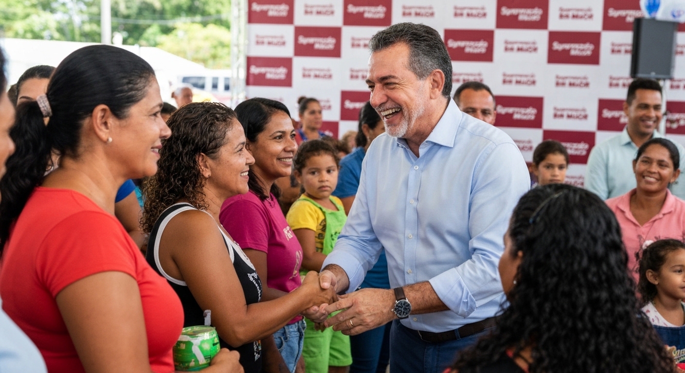 Osires Damaso na Festa do Trabalhador do Supermercado Bem Maior em Paraíso do Tocantins, interagindo com colaboradores e suas famílias.