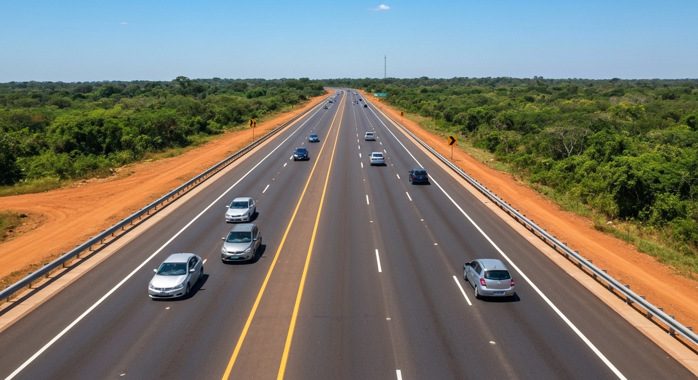 Rodovia recém-reformada no Tocantins com carros e caminhões, mostrando a modernização da infraestrutura de transporte e uma ciclovia na ponte.