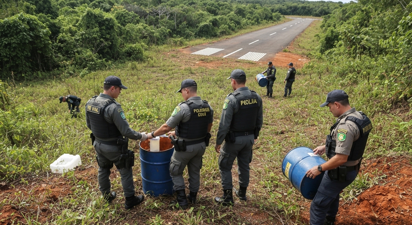Policiais inspecionam pista clandestina e tambores de combustível de aviação apreendidos em operação contra o tráfico em Pedro Afonso, Tocantins.