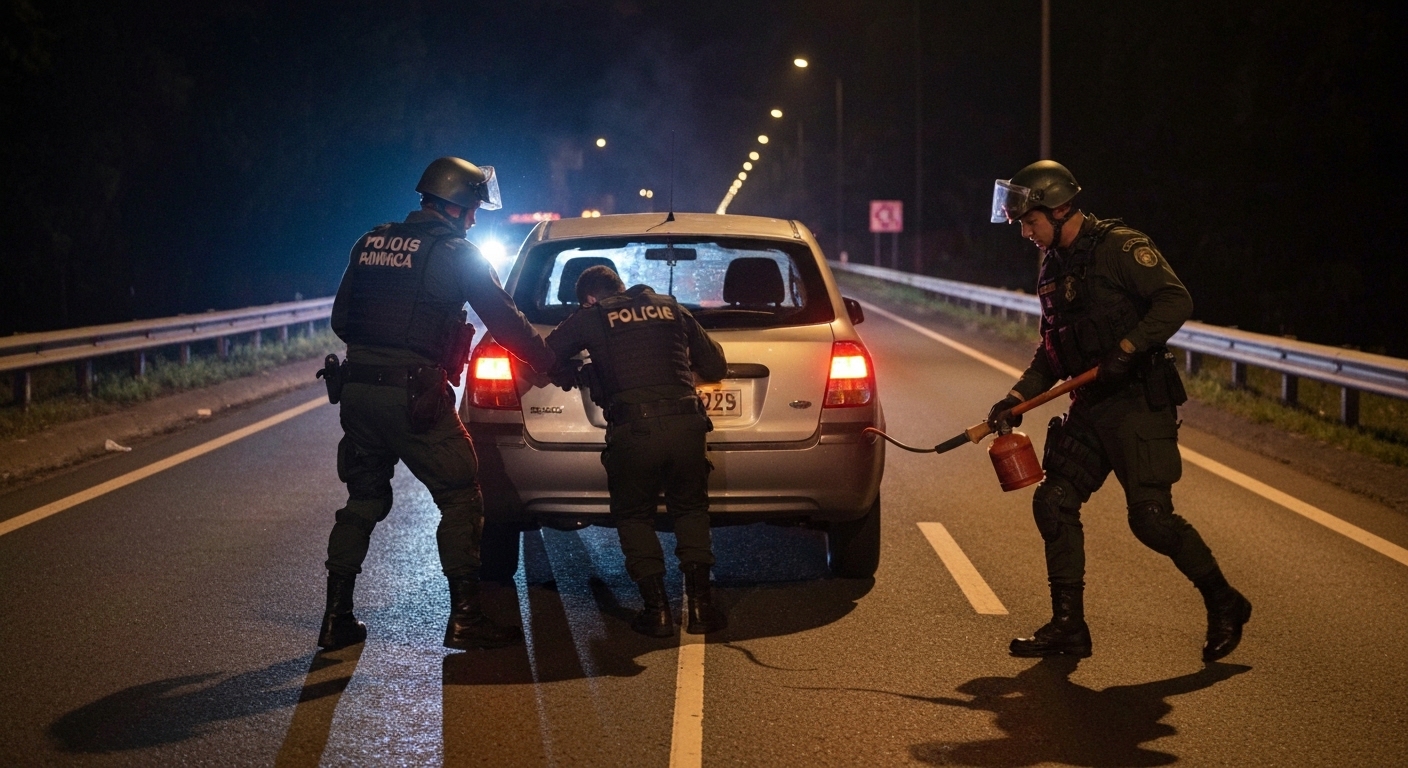 Policiais militares realizam resgate dramático de vítimas em um carro em chamas após grave acidente em rodovia.