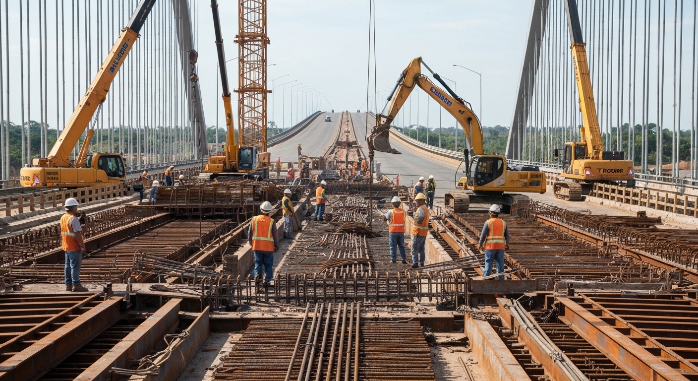 Obras avançadas de duplicação da Ponte Siqueira Campos, em Tocantins, com máquinas e trabalhadores na estrutura.