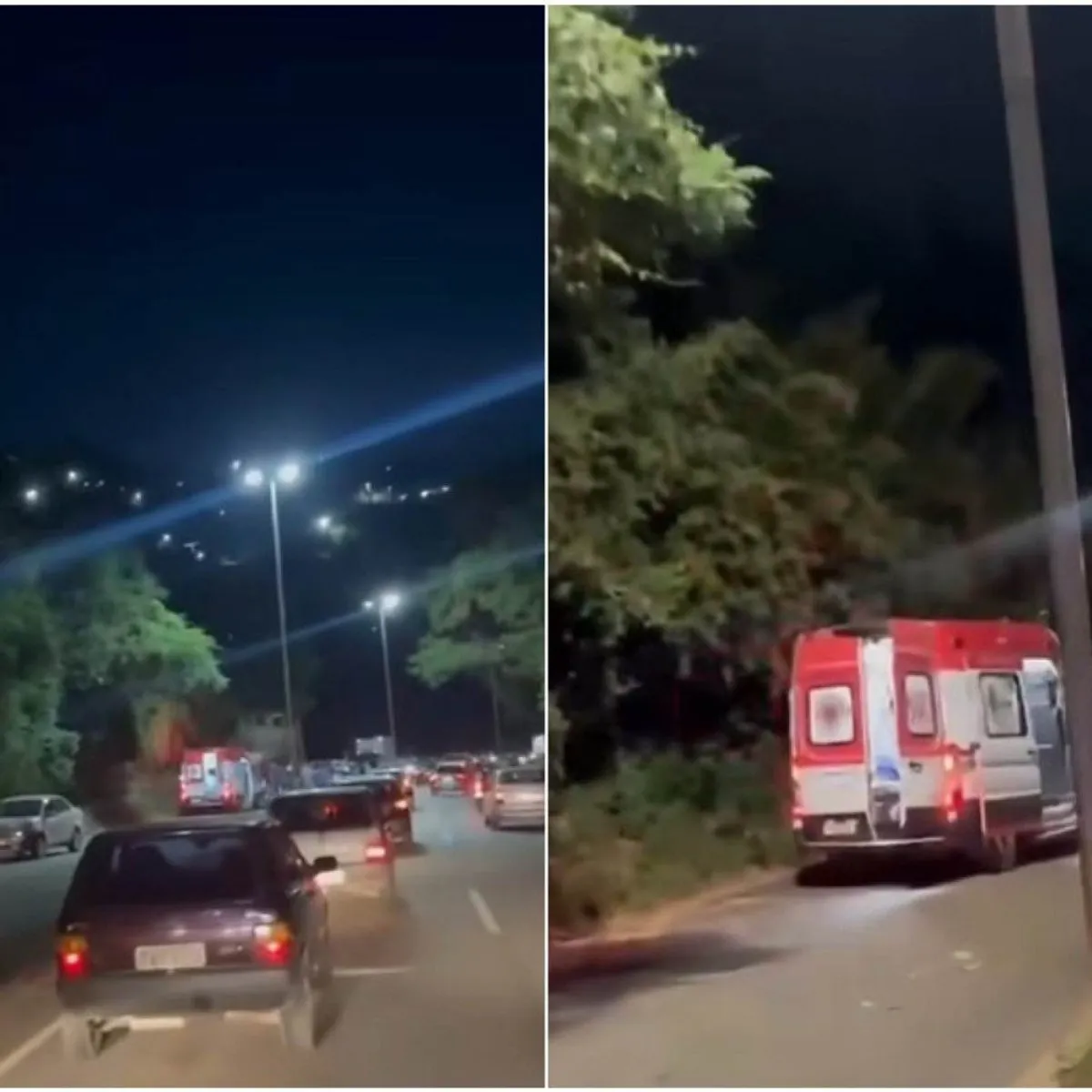 Viatura da Polícia Civil e veículos de emergência em local de acidente fatal na BR-262, Sabará.