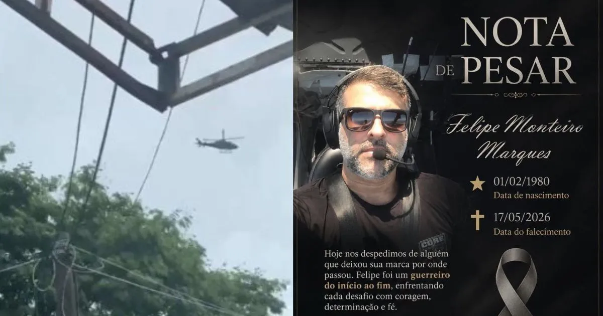 Oficiais da Polícia Civil e familiares em vigília, com um helicóptero ao fundo, simbolizando a perda do copiloto Felipe Monteiro Marques.